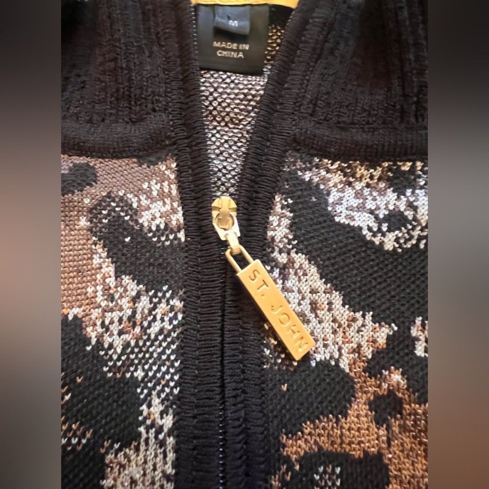 St John Sport Leopard Animal Print Knit Zip Cardigan Jacket Wool Blend M - Picture 2 of 12